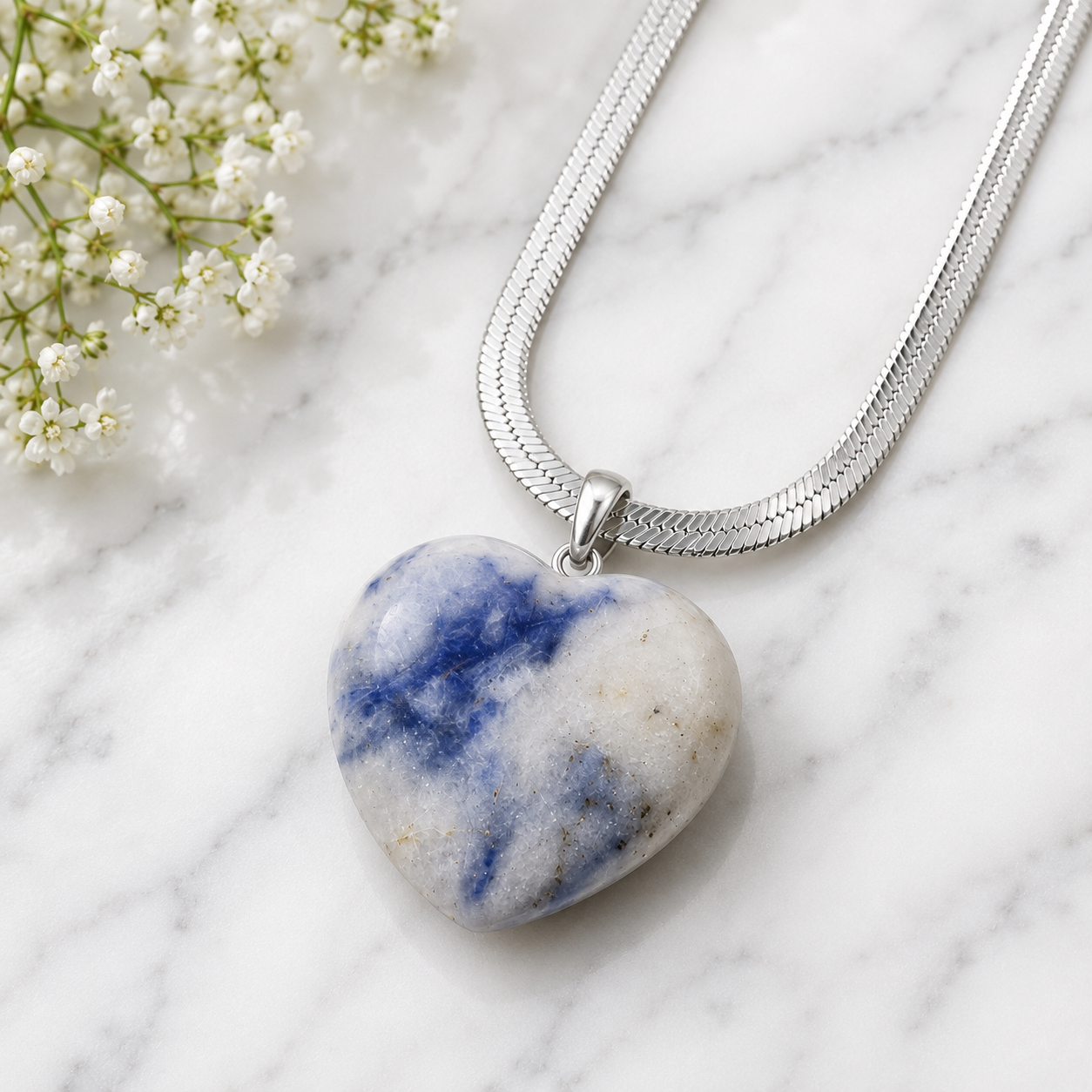 Natural Sodalite Heart Pendant – Polished Blue Gemstone Crystal Necklace | Jewelry Gift for Women & Men