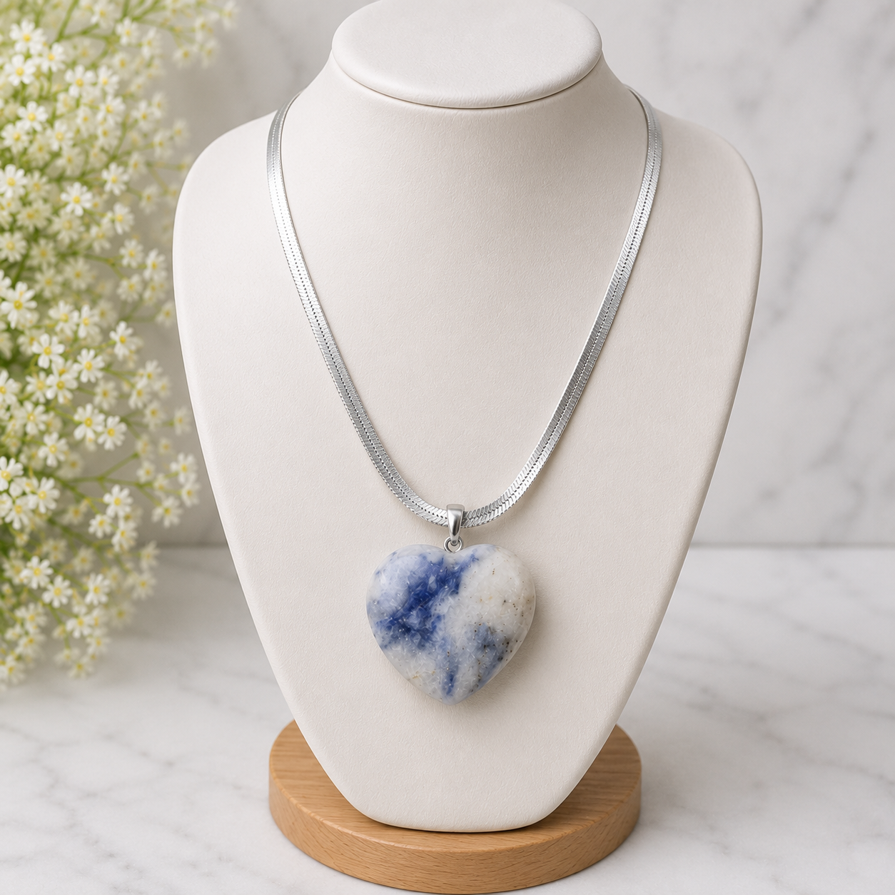 Natural Sodalite Heart Pendant – Polished Blue Gemstone Crystal Necklace | Jewelry Gift for Women & Men