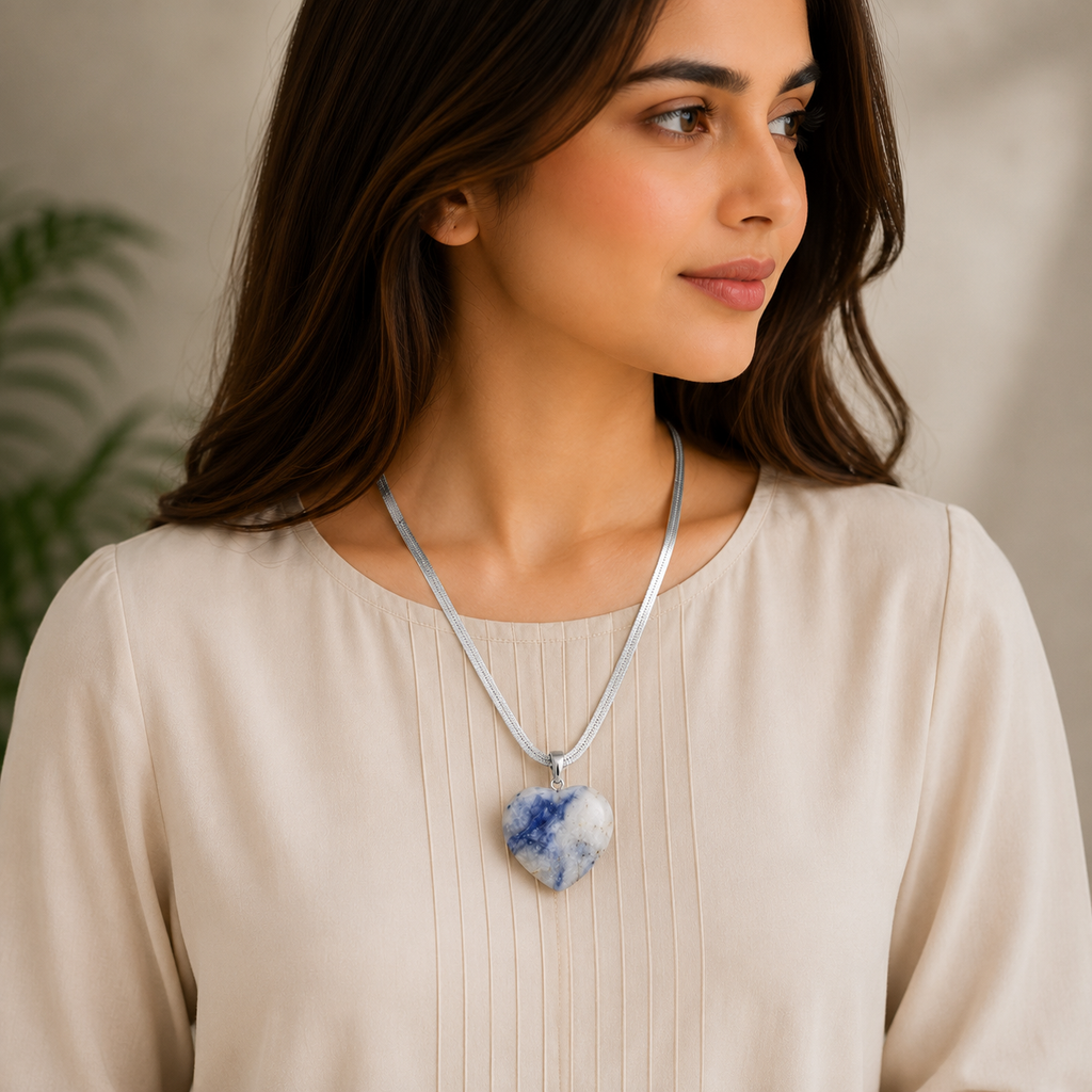 Natural Sodalite Heart Pendant – Polished Blue Gemstone Crystal Necklace | Jewelry Gift for Women & Men