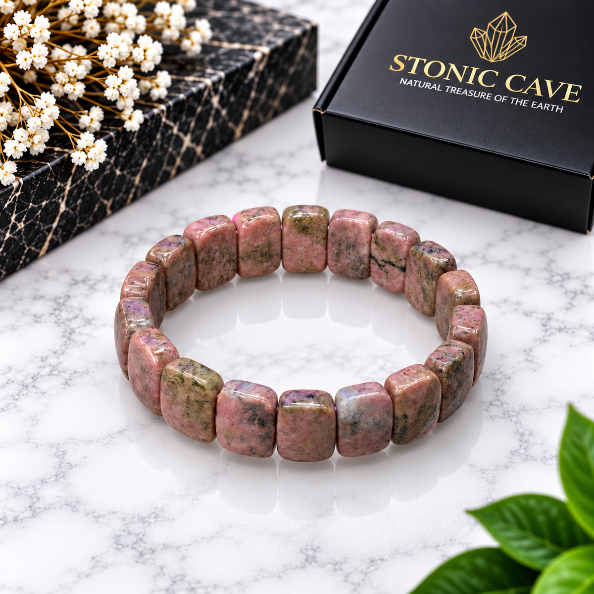 Natural Rhodonite Bracelet – Genuine Pink Rhodonite Stone | Polished Gemstone Bracelet