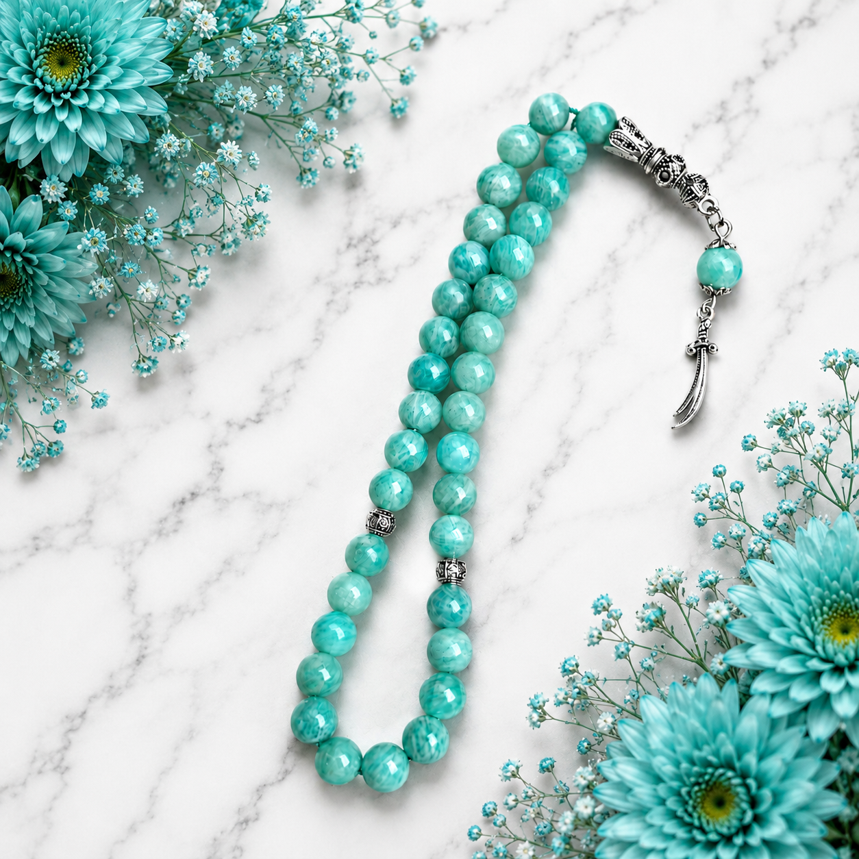 Premium Amazonite Stone Tasbih – Natural Aqua Green Prayer Beads