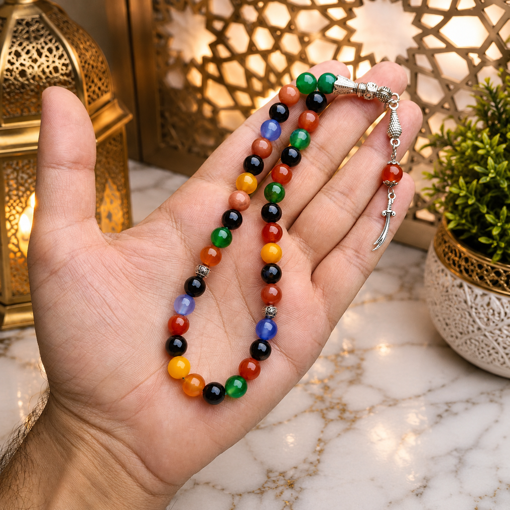 Mix Colour Aqeeq Tasbih – 33 Prayer Beads | 8mm Beads | Free Delivery 🚚 | ادائیگی سے پہلے پارسل کھول کر چیک کریں 📦