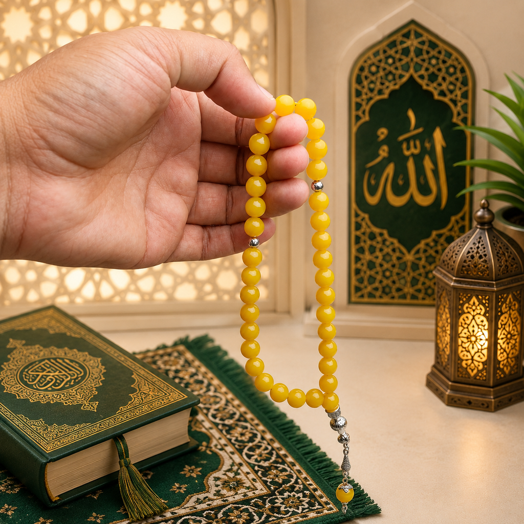 Yellow Aqeeq Tasbih – 33 Prayer Beads | 10mm Premium Beads | Free Delivery 🚚 | ادائیگی سے پہلے پارسل کھول کر چیک کریں 📦