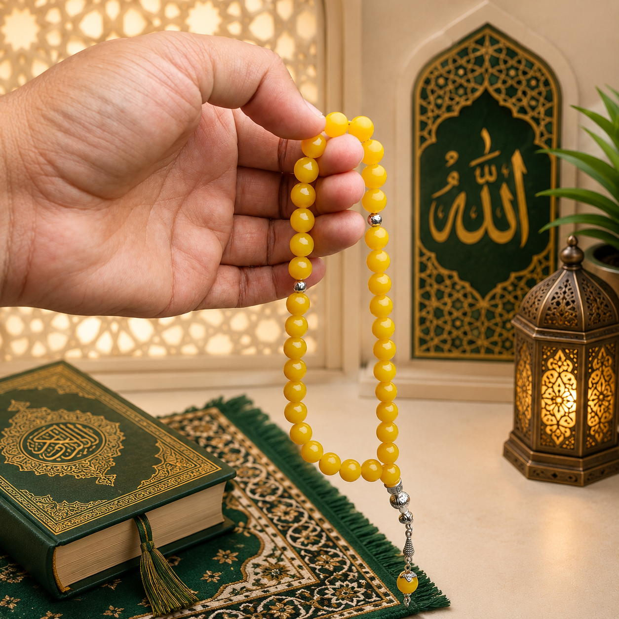 Yellow Aqeeq Tasbih – 33 Prayer Beads | 10mm Premium Beads | Free Delivery 🚚 | ادائیگی سے پہلے پارسل کھول کر چیک کریں 📦