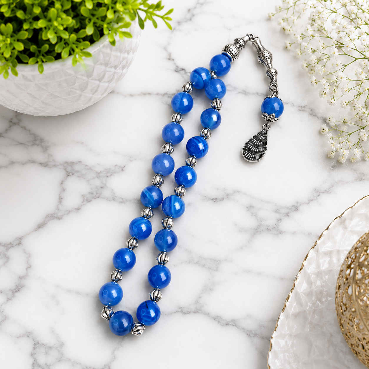 Blue Agate Tasbih – Premium Handmade Natural Gemstone Prayer Beads