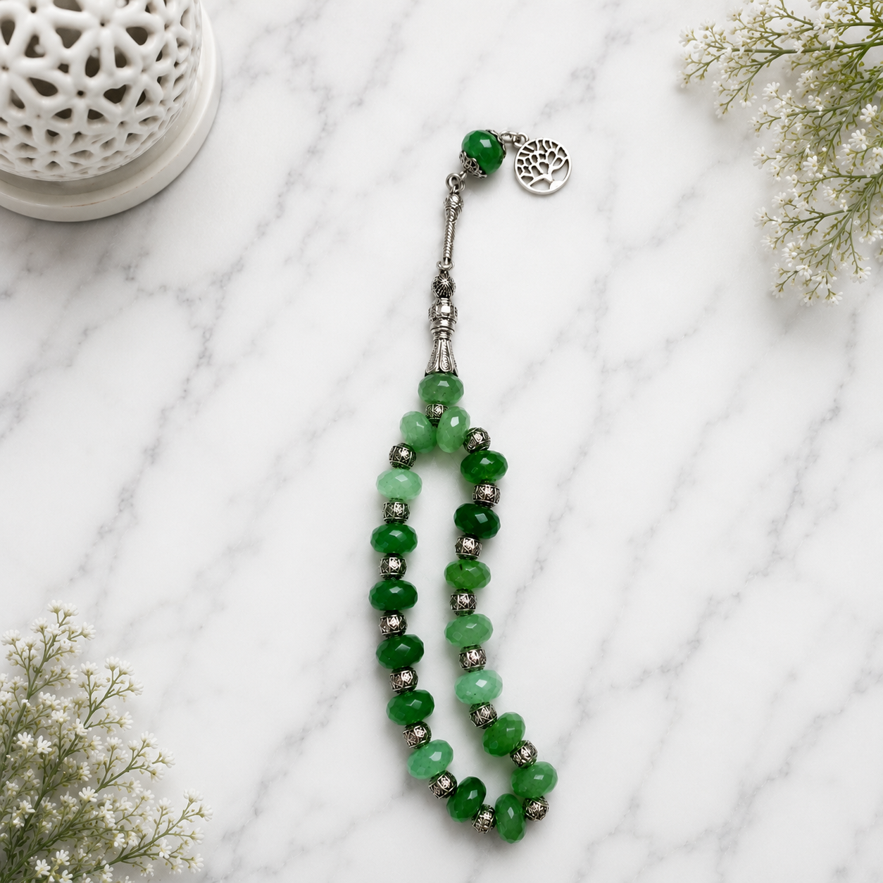 Pure Emerald Color Stone Tasbih – Premium Handmade Gemstone Prayer Beads