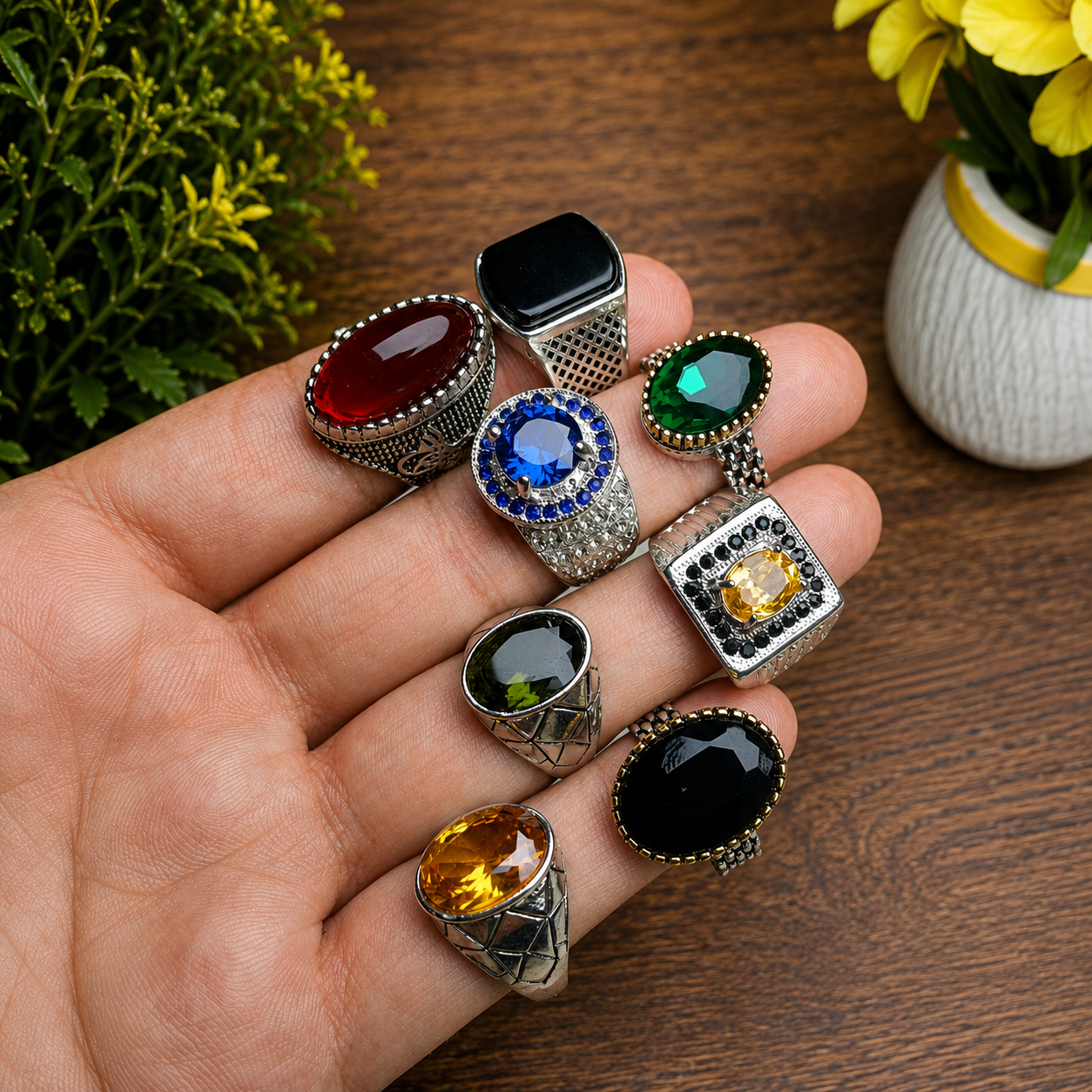 Deal of 8 Gemstone Rings – Neelum Colour, Peridot Colour, Pukhraj Colour & Aqeeq Collection