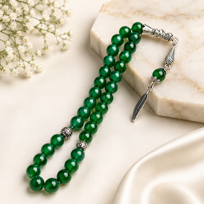 Premium Green Aqeeq Tasbih – Handcrafted Natural Stone Prayer Beads