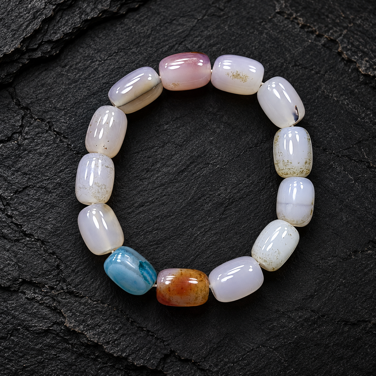 Natural White Agate Gemstone Bracelet with Colourful Inclusions