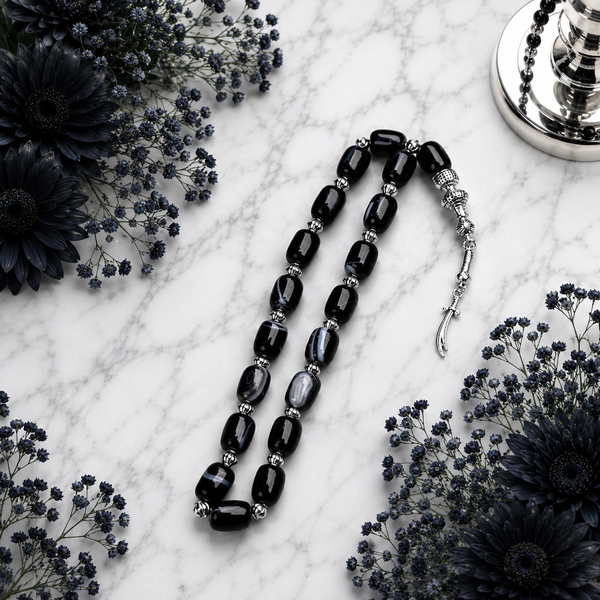 Black Sulamani Aqeeq Tasbih – Premium Handmade Natural Agate Prayer Beads