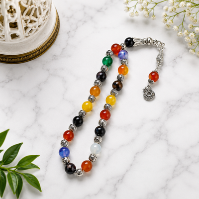 7 Chakra Gemstone Tasbih – Handmade Multicolor Natural Stone Prayer Beads
