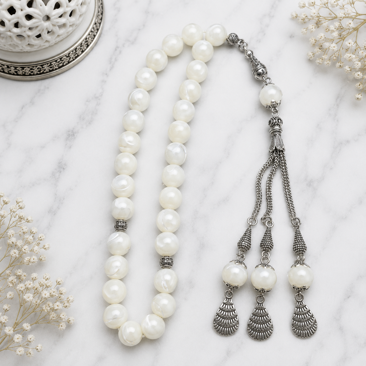Natural Pearl Stone Tasbih – Premium Handmade Elegant Prayer Beads