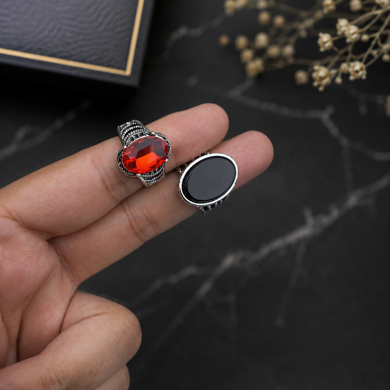 Couple Ring Deal – Red Zircon & Black Aqeeq Ring | Free Home Delivery