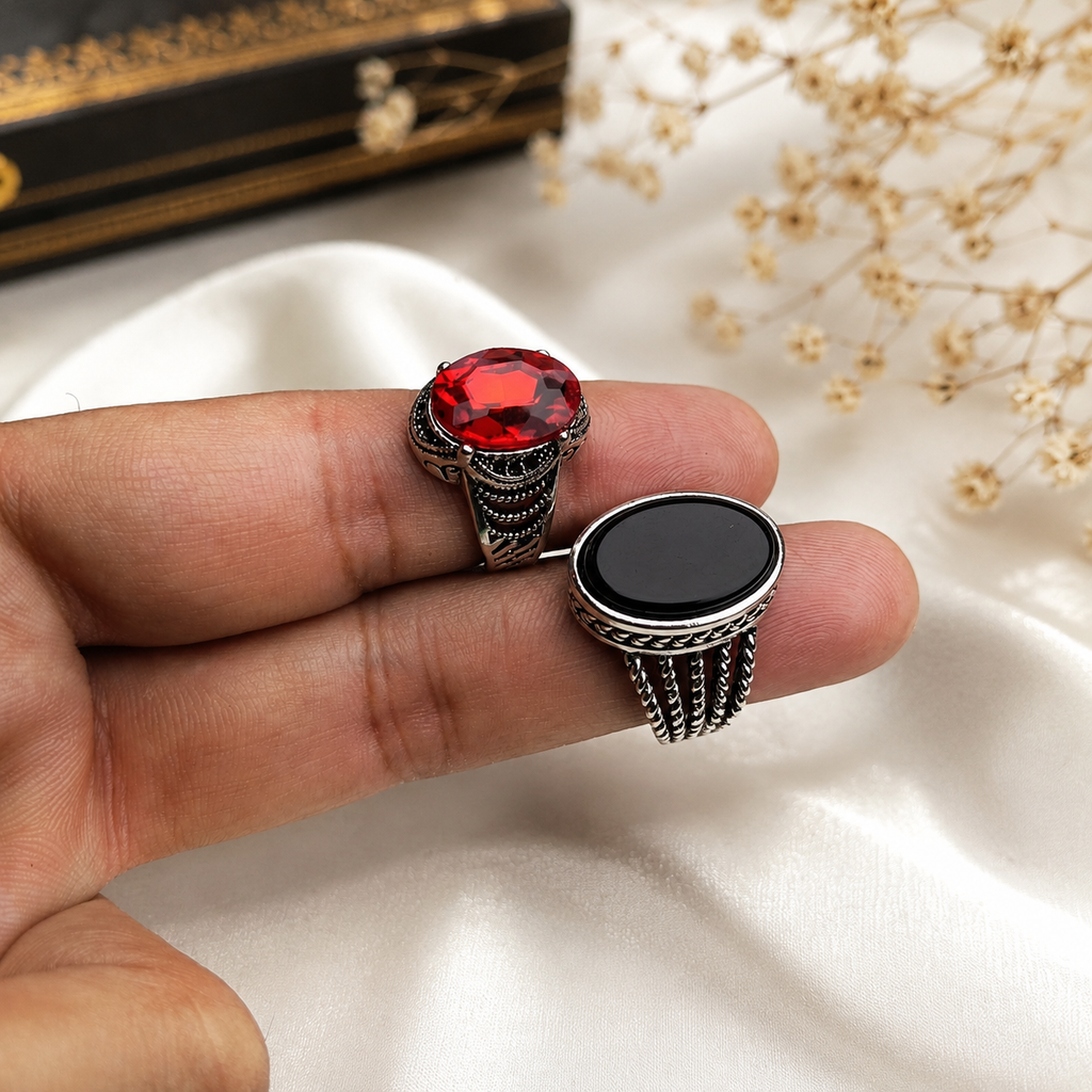 Couple Ring Deal – Red Zircon & Black Aqeeq Ring | Free Home Delivery