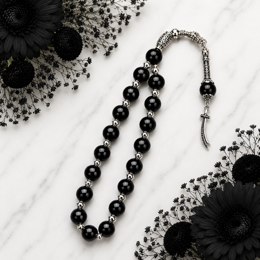 Black Aqeeq Tasbih – Handmade Islamic Prayer Beads