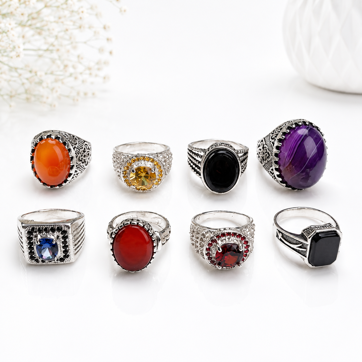 Deal of 8 Gemstone Rings – Neelum Colour, Ruby Colour, Pukhraj Colour, Yemeni Aqeeq & Black Aqeeq Collection