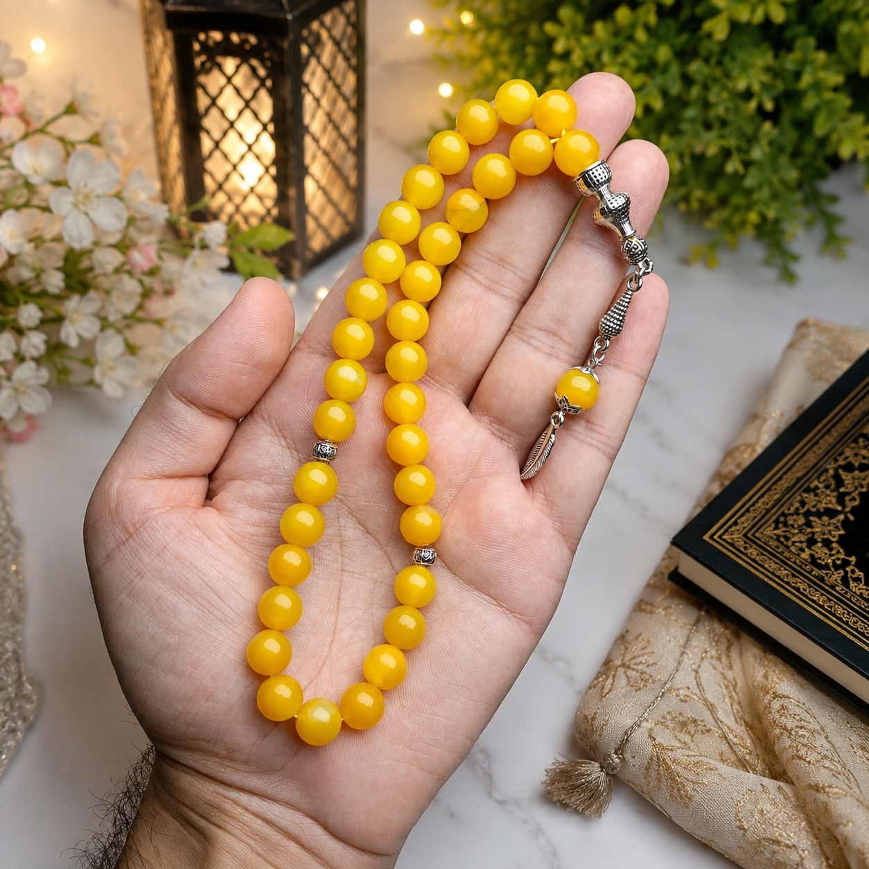 Yellow Aqeeq Tasbih – 33 Prayer Beads | 10mm Premium Beads | Free Delivery 🚚 | ادائیگی سے پہلے پارسل کھول کر چیک کریں 📦