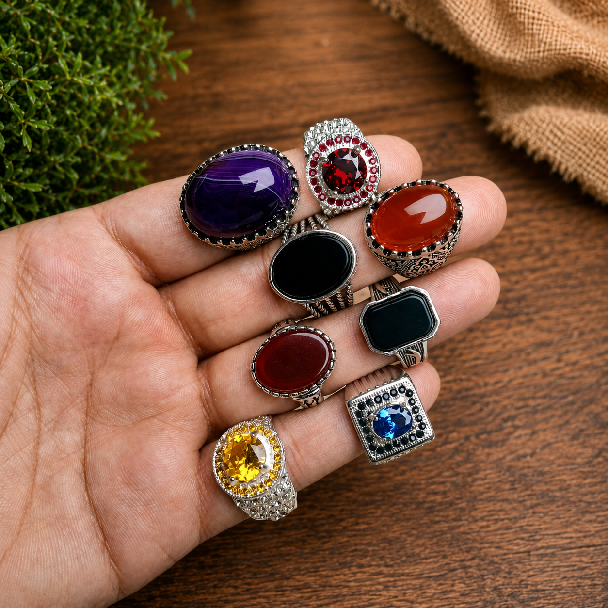 Deal of 8 Gemstone Rings – Neelum Colour, Ruby Colour, Pukhraj Colour, Yemeni Aqeeq & Black Aqeeq Collection