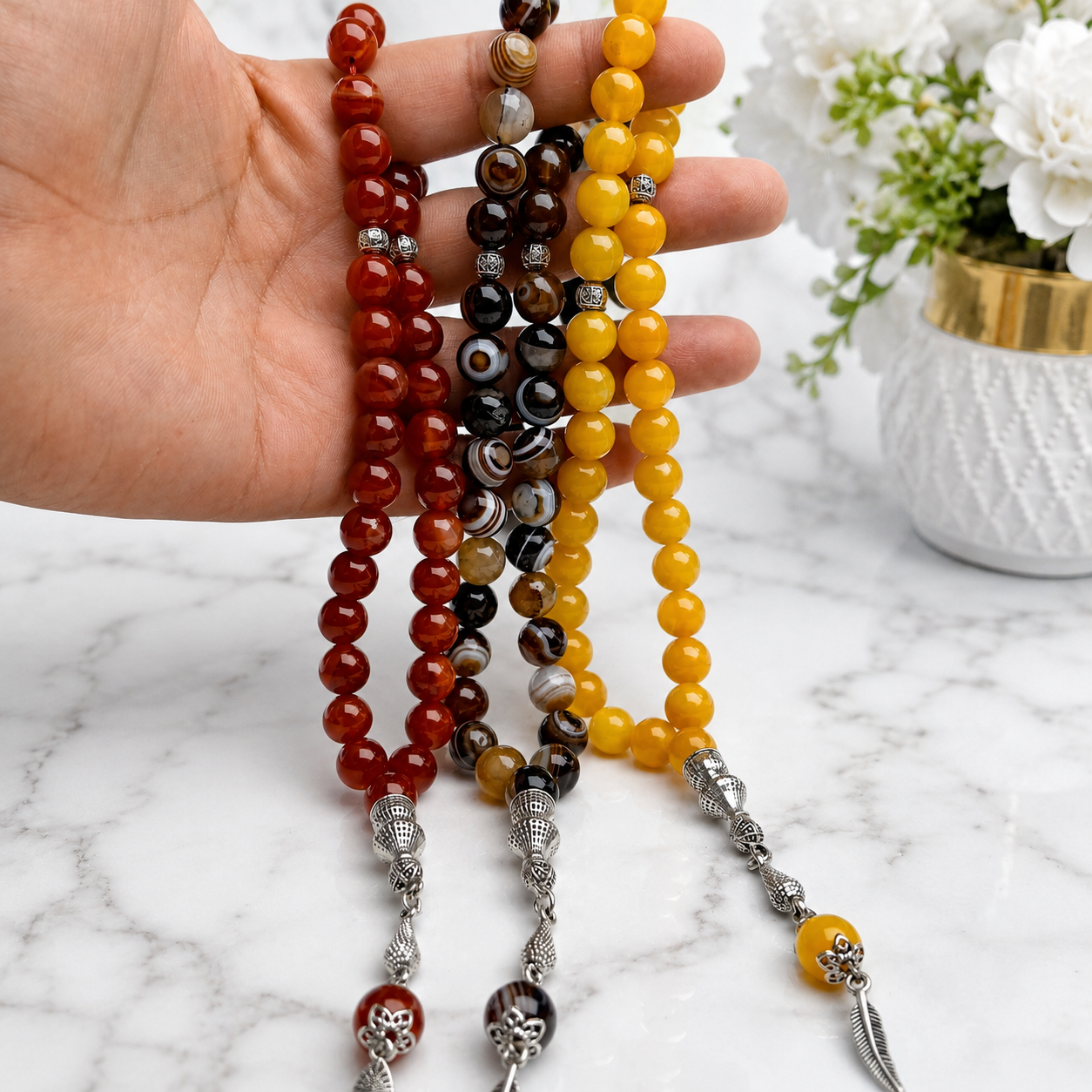 Deal of 3 Natural Aqeeq Tasbihs – Yellow Aqeeq, Sulamani Aqeeq & Yemeni Aqeeq | Free Delivery | Parcel Allowed to Open