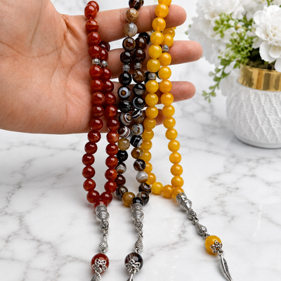 Deal of 3 Natural Aqeeq Tasbihs – Yellow Aqeeq, Sulamani Aqeeq & Yemeni Aqeeq | Free Delivery | Parcel Allowed to Open