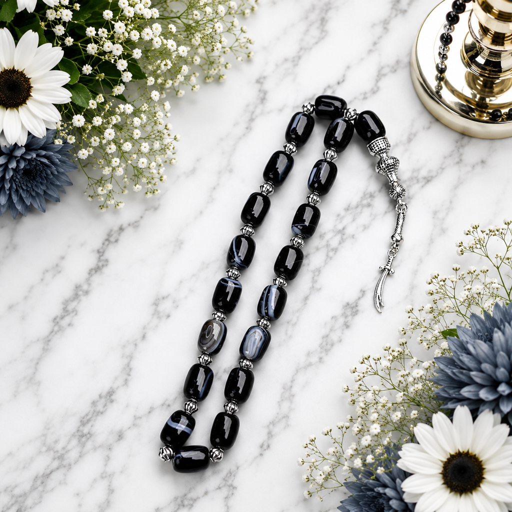 Black Sulamani Aqeeq Tasbih – Premium Handmade Natural Agate Prayer Beads