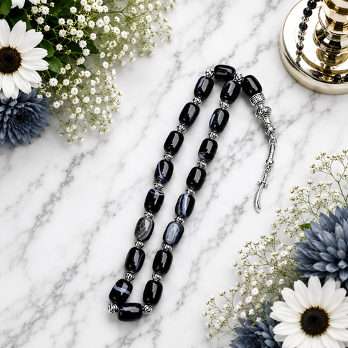 Black Sulamani Aqeeq Tasbih – Premium Handmade Natural Agate Prayer Beads